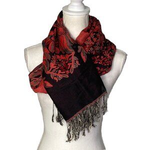 100% Pashmina Scarf red and black floral paisley print with fringe Wrap Shawl